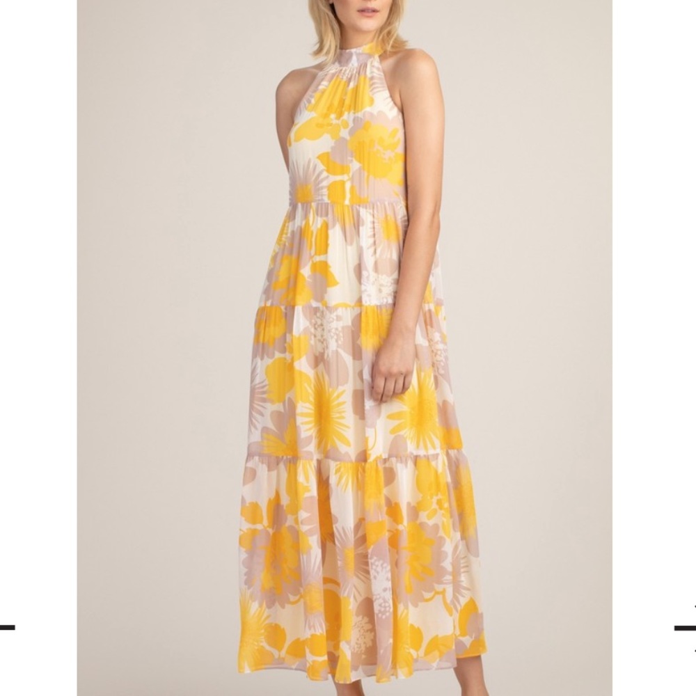 Trina Turk Yellow and Cream Floral Halter Midi Dress